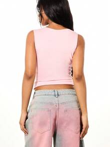 SUMWON WOMEN Áo tank top không tay cổ chữ V mềm mại với logo thương hiệu màu trắng in nổi, thích hợp mặc thường ngày mùa hè. - Hồng - Xem 2