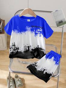 SHEIN Little Byeori 2pcs/Set Young Boys' Casual Comfortable Versatile Splatter Print Short Sleeve Top And Shorts Set, Suitable For Spring And Summer - Royal Blue - View 3