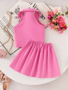 女童粉色翻领无袖露脐背心和百褶迷你裙套装，时尚优雅的儿童夏季服装 - 玫紅色 - 查看 2