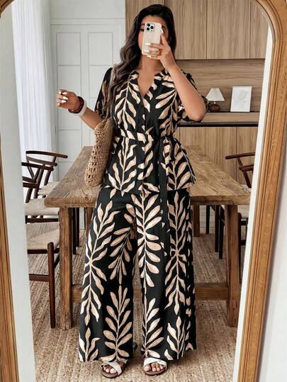 Weeklong Plus Size Women's Solid Color Leaf Print Shirt And Straight Leg Pants Two Pieces Casual Vacation Set, Spring/Summer