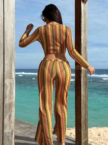 Swim Vcay 2pcs/Set Women's Knitted Hollow Out Cover Up And Pants, Vacation Style Swimsuit Cover Up, Spring/Summer 2026 - Multicolor - View 2