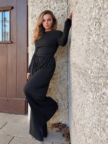 Jeta Ari Women's Casual Pleated Loose Straight Leg Jumpsuit With Oblique Shoulder And Long Sleeve, Suitable For Spring And Autumn - Black - View 1