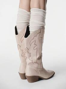 ROMWE Fairycore 女士白色中筒靴 西部靴 厚底套穿式刺绣骑士靴 V 字口皮靴 及膝靴 - 米色 - 查看 5
