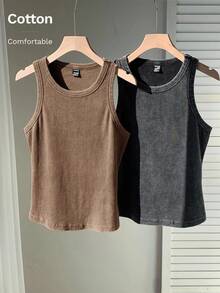 SHEIN EZwear Plus Size Summer Fashion Distressed Crewneck Fitted Tank Top - Khaki - View 1