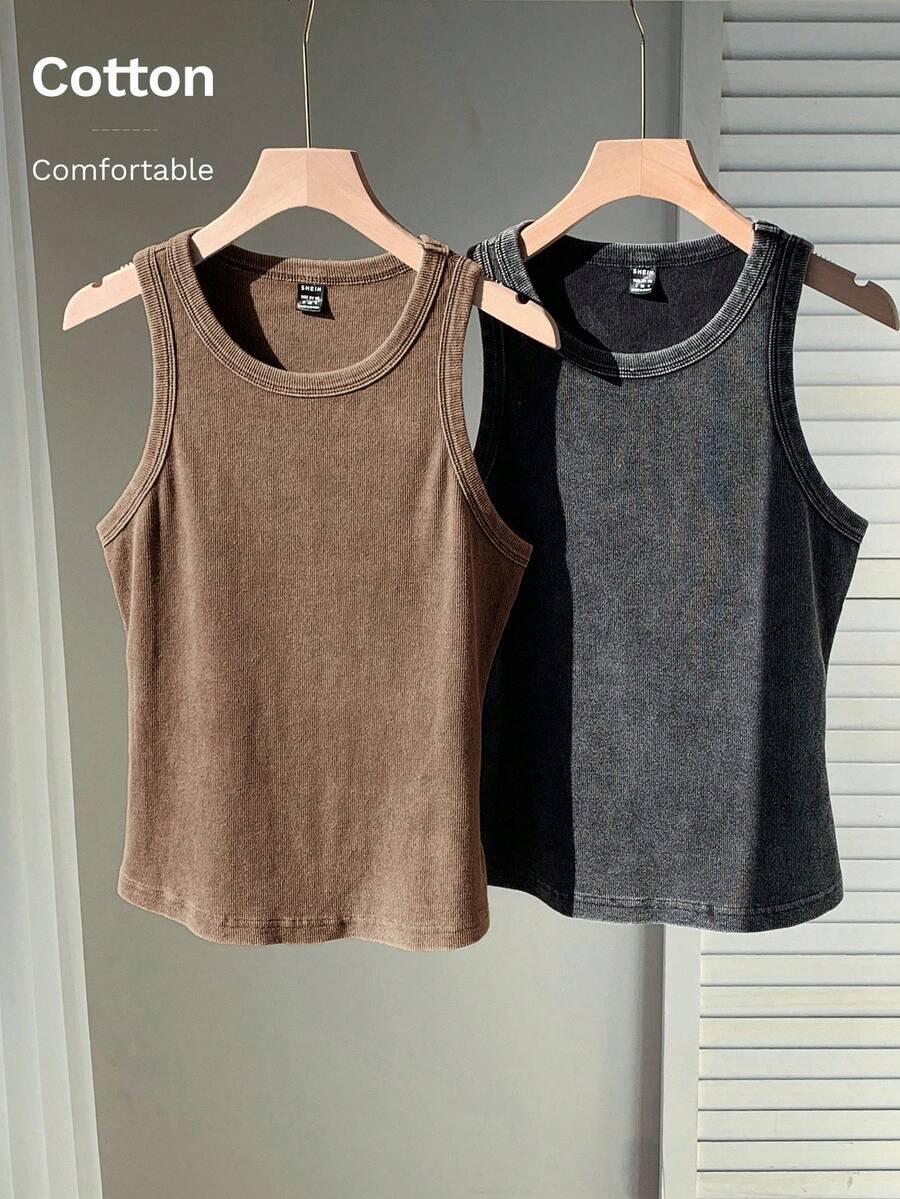 SHEIN EZwear Plus Size Summer Fashion Distressed Crewneck Fitted Tank Top - Khaki - View 1