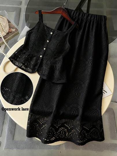 GlowEve CURVE 大码女式纯色薄纱蕾丝衬里全纽扣前襟复古方领无袖上衣 + 松紧腰优雅修身长裙两件套