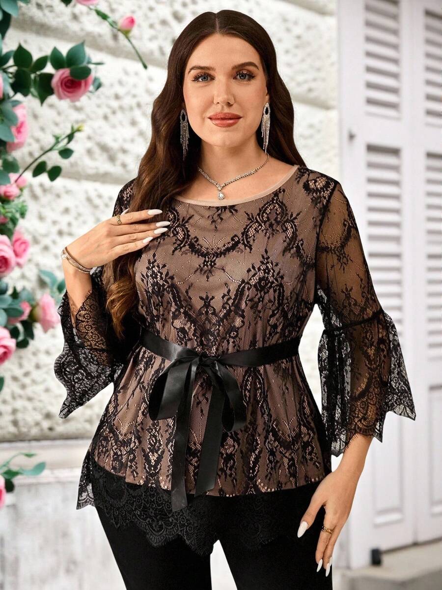 Miaspire Plus Size Women Elegant Black Lace Bell Sleeve Top Fall Women Clothes Christmas Christmas Women's Clothing - Khaki - View 1