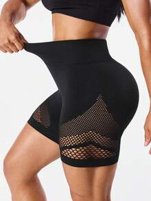 Seamluxe SHEIN Sport 1件装吸湿排汗网眼设计基础款黑色运动短裤，无缝设计，适合健身/瑜伽 - 彩色 - 查看 4