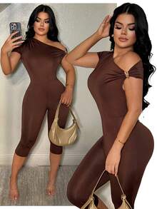 SHEIN SXY Women's Asymmetric Design One Shoulder Metal Buckle Bodycon Capri Pants,Carnival,Party,Rave Outfit ,Summer, Spring,Going Out,Elegant - Brown - View 5