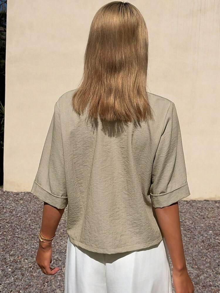 Women's Loose V-Neck Short Sleeve Pocket Casual Vacation Shirt, Solid Color Summer