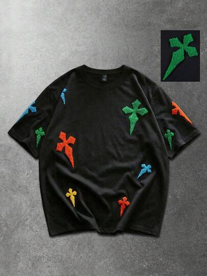 ROMWE MEN Men's Towel-Embroidered Cross Short-Sleeved T-Shirt, Suitable For Everyday Wear In Spring And Summer.