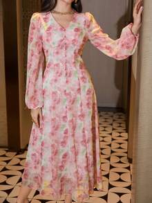 Modelyn 女士春夏V领雪纺长袖连衣裙，饰有蝴蝶结纽扣，A字廓形，优雅浪漫长款连衣裙 - 粉色 - 查看 4