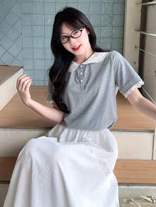 DAZY Women's Fresh Contrast Collar Polo Shirt - Grey - View 2