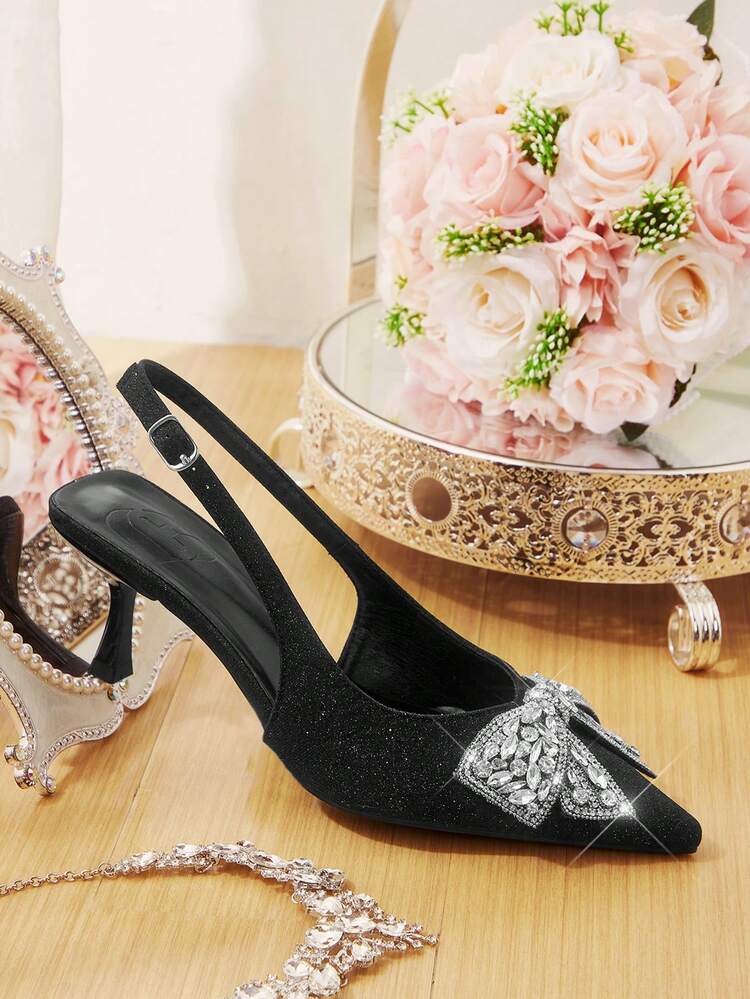 CUCCOO HITCHD Pointed Toe Glitter Bow Decor Women's High Heel Pumps, Rhinestone Embellished Elegant Party Heels Valentine's Day Elegant Shoes
