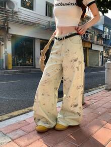 DAZY Quần jeans nữ dáng rộng, in họa tiết toàn thân, chất liệu wash, phong cách Hàn Quốc. - Màu xanh lam - Xem 6