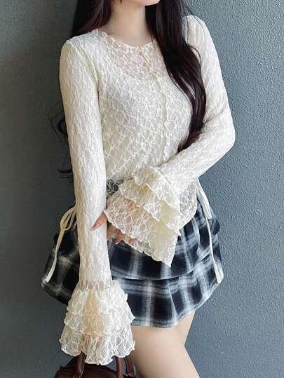 FRIFUL Women's Casual Solid Color Lace Flare Sleeve Top