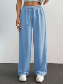 RueChic Pantalón ancho de cintura media para mujer - Celeste - Ver 1