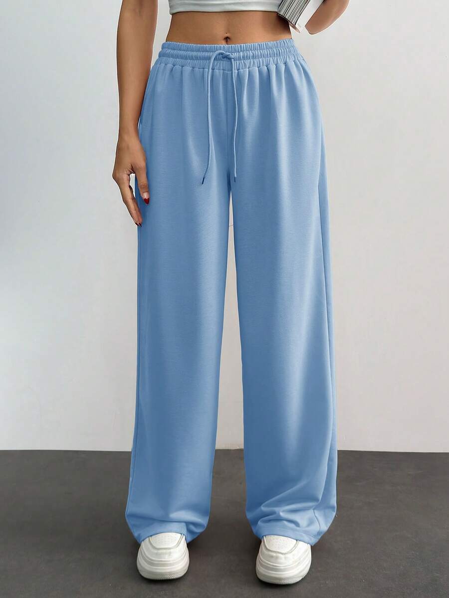 RueChic Pantalón ancho de cintura media para mujer - Celeste - Ver 1