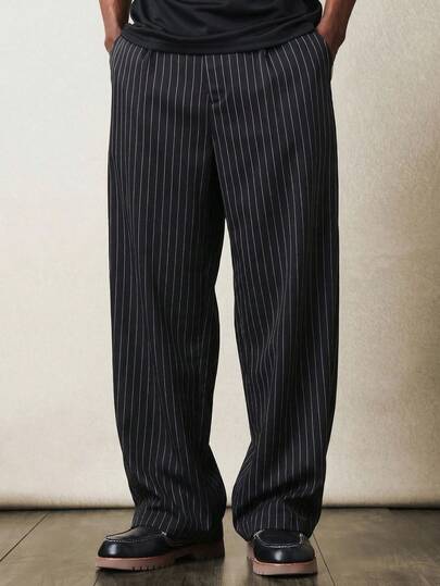SUMWON Pantalones de pierna ancha a rayas, pantalones casuales de corte holgado de longitud completa, pantalones largos de moda con rayas verticales, relajados