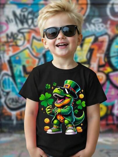 SHEIN Young Boy's Casual Minimalist St. Patrick's Day, Clover, Four-Leaf Clover, Cute Style, Cartoon Playful Pattern, Dinosaur Pattern, Loose Comfortable Short Sleeve Round Neck T-Shirt, Suitable For Summer