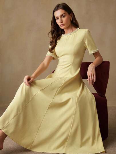 Aveloria Rosie Fashionable Design Sense Casual French Style Beaded Round Neck Cinched Waist Short Sleeve Dress