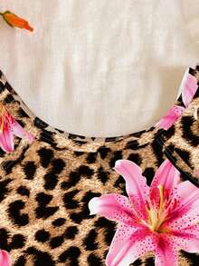 SHEIN 豹纹、芙蓉花、火焰树、海滩度假、#椰子女孩、适合夏季的少女休闲修身吊带连体泳衣、公主风、小星星、少女泳装、浪漫假期 - 彩色 - 查看 5