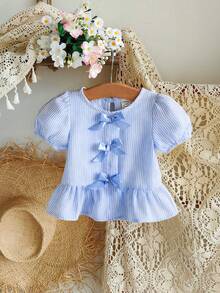SHEIN Blus Bayi Perempuan dengan Tekstur Kain Bunga yang Unik, Gaya Liburan Pedesaan, Lucu & Modis, Nyaman untuk Musim Semi/Panas, Dekorasi Pita - Biru - View 6