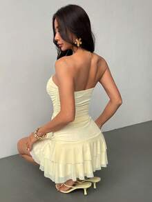 SHEIN PETITE Spring/Summer Solid Yellow Cream Strapless Ruched Bodycon Mini Dress With Ruffle Hem, Cute Summer Dress, Brunch Dress, Yellow Dress ,Summer Dress - Pale Yellow - View 2