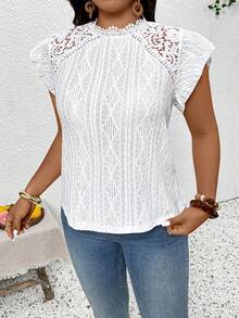 SHEIN Frenchy Plus Size Women Geometric Textured Contrast Lace Fashion T-Shirt - White - View 7
