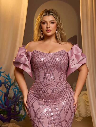 Glamrae 大码优雅浪漫深粉色露肩礼服，饰有亮片云朵袖，奢华串珠美人鱼廓形，拖地裙摆，正式晚礼服（精致设计）