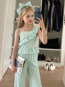 SHEIN Tween Girls Striped Sleeveless Top And Pants Set - Green - View 10