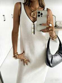 INAWLY Women's Casual Everyday Commute Versatile Contrast Binding V-Neck Sleeveless Sweater Dress - Beige - View 1