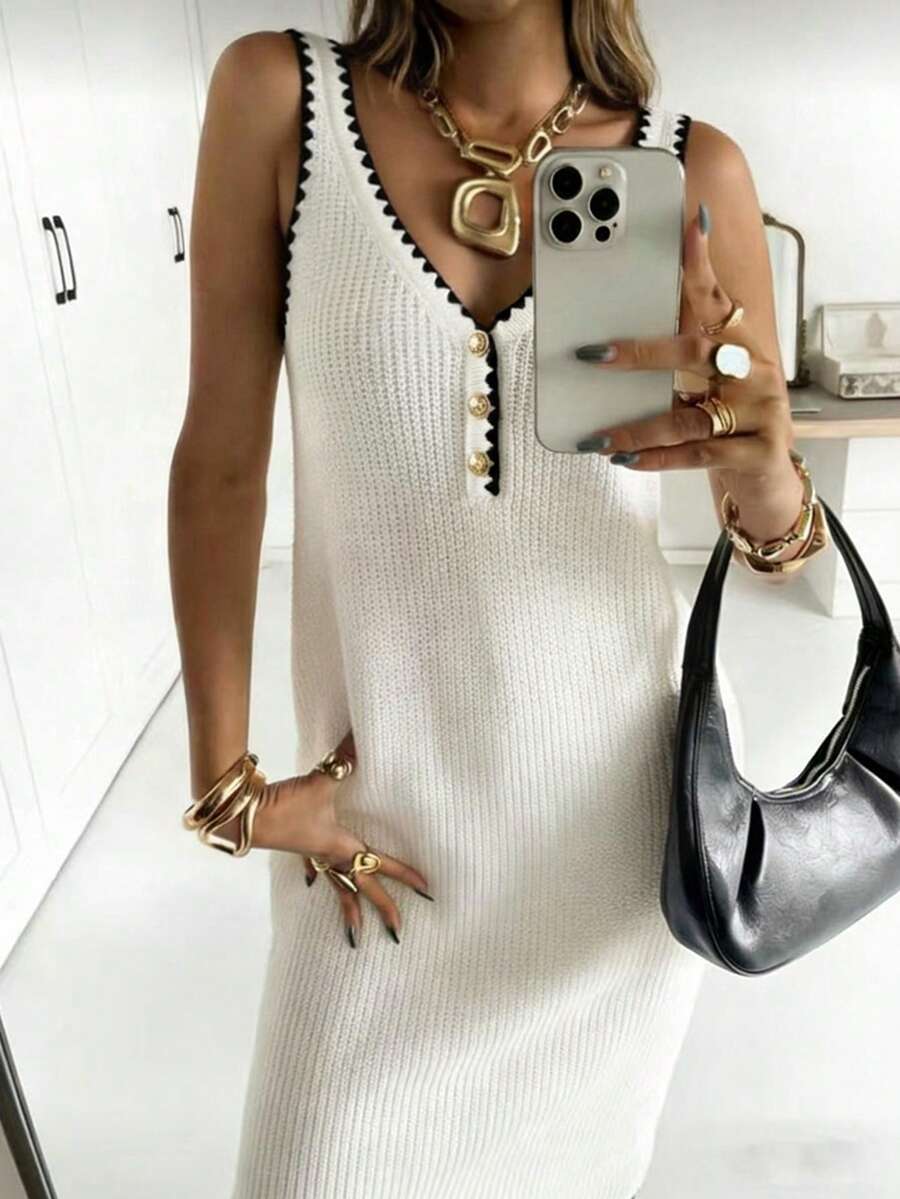 INAWLY Women's Casual Everyday Commute Versatile Contrast Binding V-Neck Sleeveless Sweater Dress - Beige - View 1