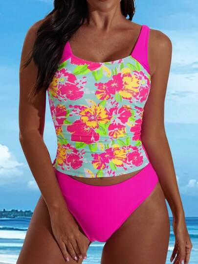 Swim Lushoire Sky Blue Floral Print & Solid Fuchsia Patchwork Side Ruched Tankini Top & Fuchsia Solid Triangle Bottoms Two Pieces Swimsuit, Mature Women Style, Spring/Summer