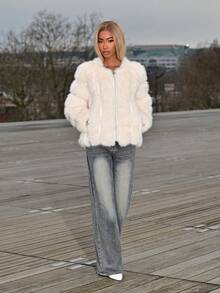 Mima John 秋冬新款高贵仿狐狸毛边饰大衣，时尚女式毛边蓬松外套 - 米色 - 查看 4