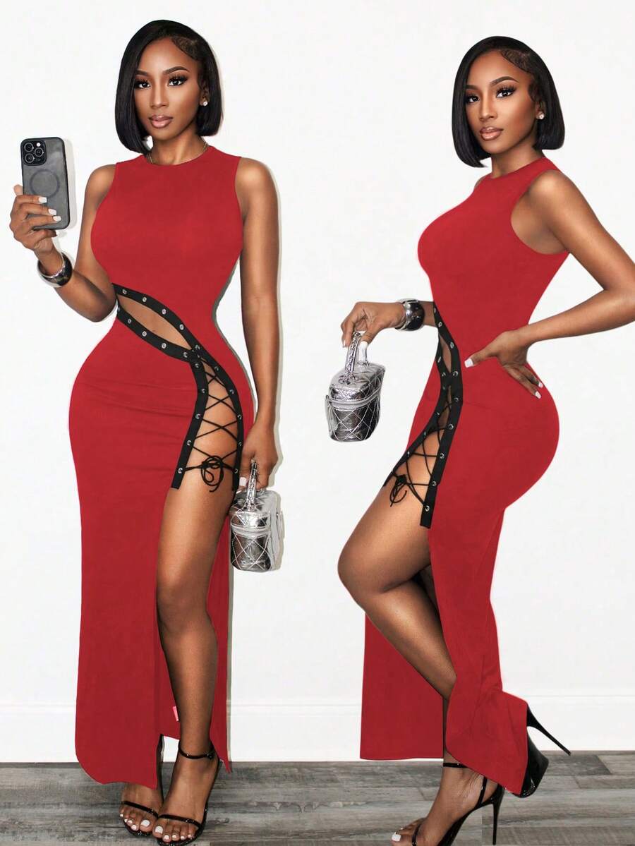 SHEIN BamGlam Women's Sleeveless Criss-Cross Backless Dress - Red - View 1
