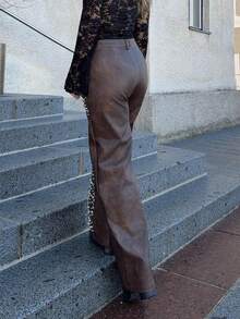 Jeta Ari 秋冬新款时尚铆钉PU女士西装裤 - 棕色 - 查看 2