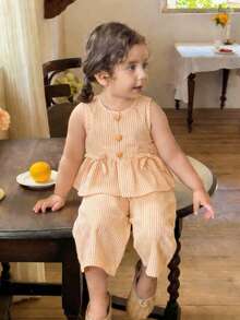 LMoss Kids 2pcs Baby Girl Casual Cute Summer Striped Sleeveless Top And Elastic Waist Pants Set - Multicolor - View 3