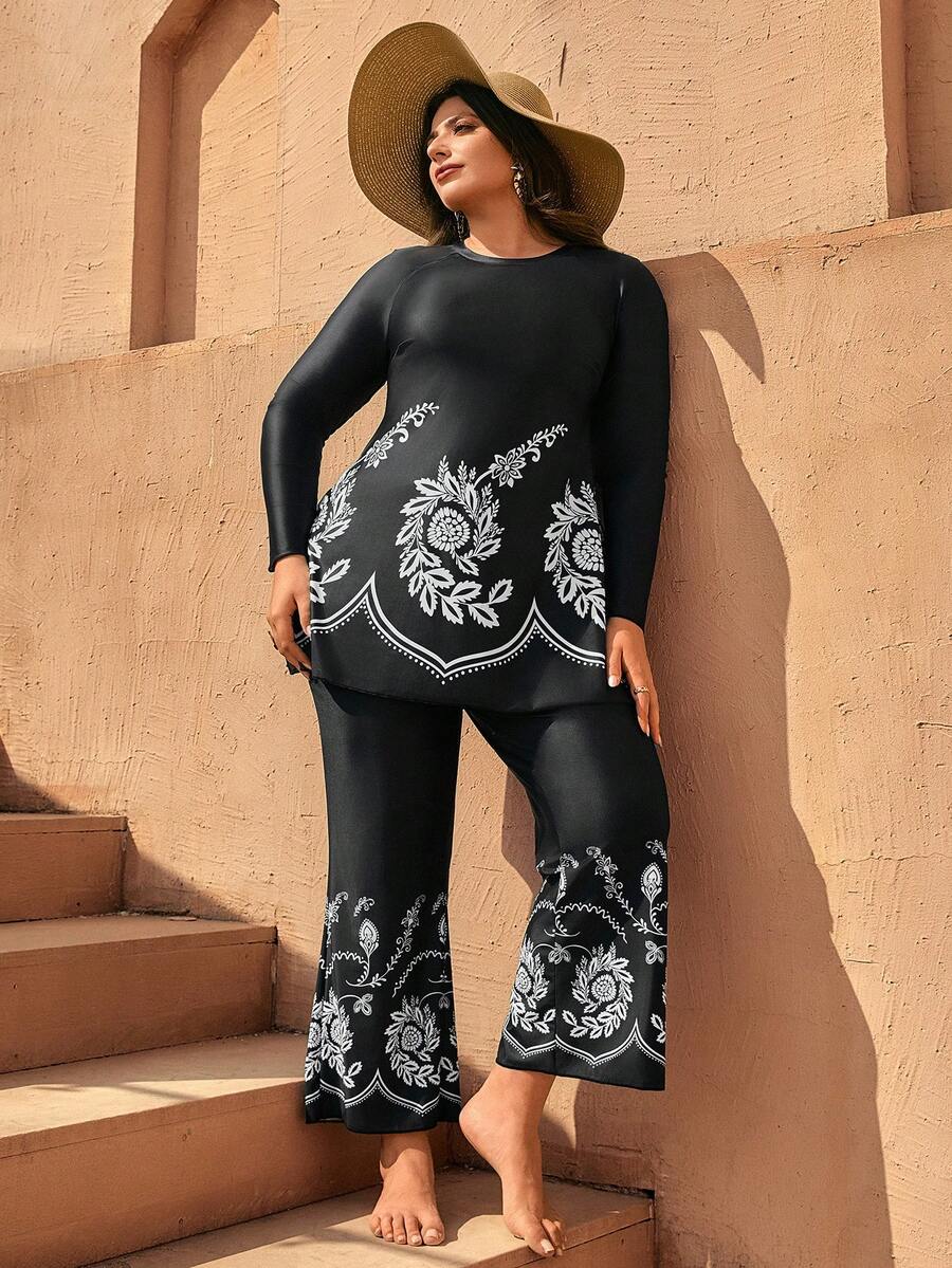 Swim Mulvari Plus Size Women 2 Pieces Burkini Set, Digital Printed Retro Style, Suitable For Summer Beach Vacation - Multicolor - View 1