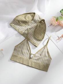 2件套优雅小众女士格子内衣套装（无缝文胸和内裤） - 綠色 - 查看 4