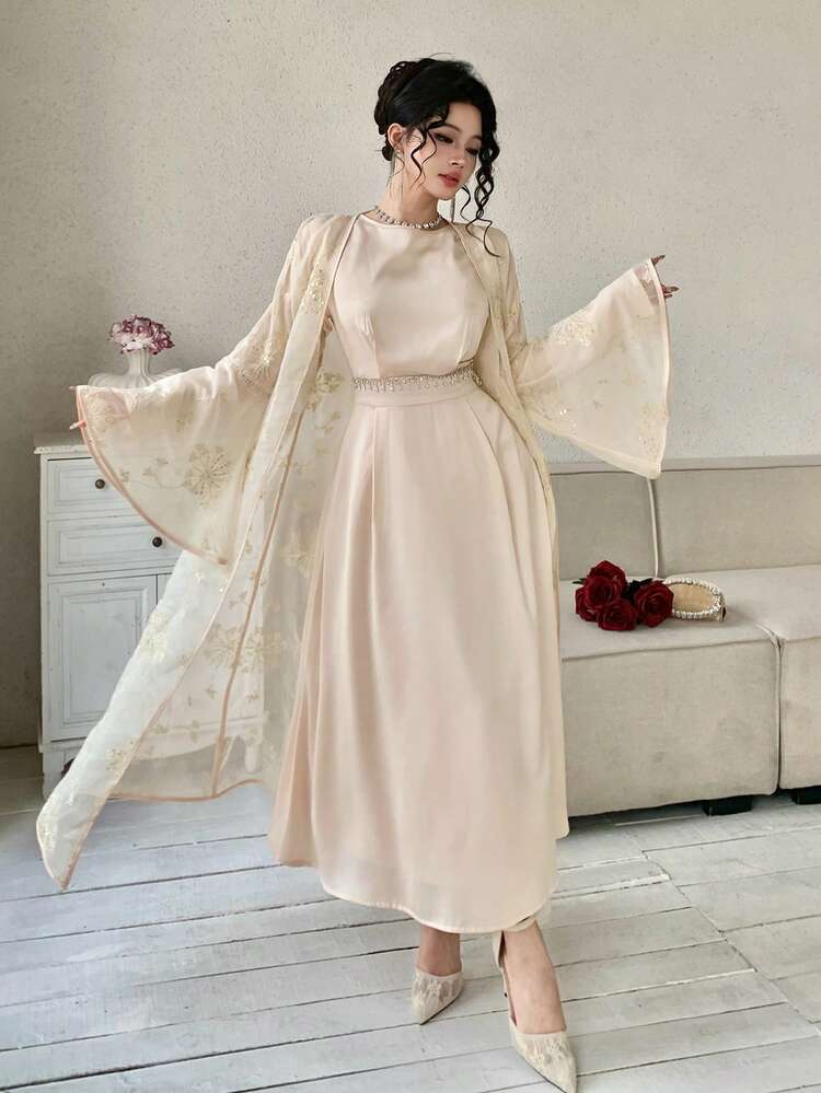 Women's Elegant Rhinestone Embellished Round Neck Dress With Flare Sleeves Shirt, 2 Pieces Set, Spring/Summer,Wedding Guest Dress Women