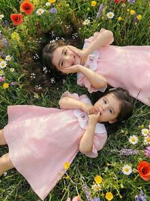 Summer Girls 4-7 Years Old Peter Pan Collar Embroidered Pink Puff Sleeve Little Girl Dress - Pink - View 4