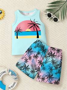 SHEIN Playful Pals 2pcs Baby Boy Casual Vacation Sunset Print Tank Top And Shorts Set, Suitable For Outdoor Summer - Multicolor - View 6