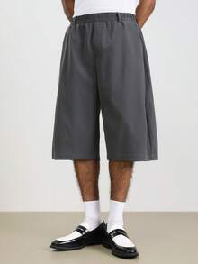 TOKVUE Men's Casual Everyday Commute Solid Color Elastic Waist Pleated Loose Wide Leg Cropped Pants - Dark Grey - View 3