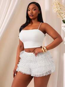 SHEIN SXY Quần short cỡ lớn in chấm bi, chất liệu lưới phối nhiều mảnh, co giãn, kiểu dáng công nghiệp, cạp cao xếp lớp, thích hợp mặc hàng ngày, trang phục phương Tây, trang phục đi du lịch, lễ hội âm nhạc, hòa nhạc, tiệc hóa trang, kỳ nghỉ biển, hẹn hò, sinh nhật, tiệc tùng, câu lạc bộ, dễ thương, giản dị, mua sắm, thời trang đường phố, đi chơi, dễ phối đồ và giúp thon gọn, tôn dáng, làm nổi bật vóc dáng, ngày Valentine. - trắng - Xem 8
