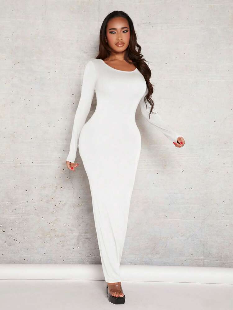 bodycon dress long sleeve white Modal Square Neck Long Sleeve Mini Dress in White - XXL