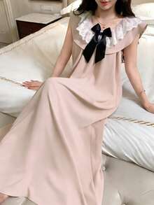 DAZY 蕾丝拼接无袖纯色宽松长连衣裙，夏季休闲女装 - 粉色 - 查看 5