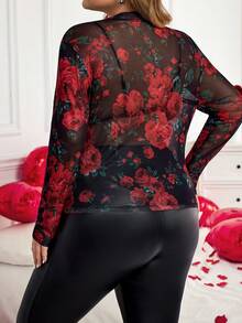 SHEIN CURVE+ 加大码/情人节/大码女式印花网纱长袖修身衬衫 - 彩色 - 查看 2