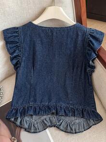 GlowEve Women's Casual Vacation Ruffle Armhole Denim Top, Suitable For Daily Commute - Blue - View 2