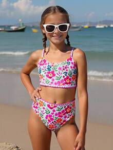 Tween Girls' Ditsy Floral Shoulder Strap Ruffle Trim Tankini Swimwear Set - Hot Pink - View 3